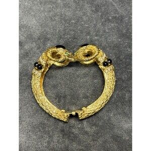 Vintage Craft Goldtone Rhinestone Black Cabochon Rams Head Clamper Bracelet